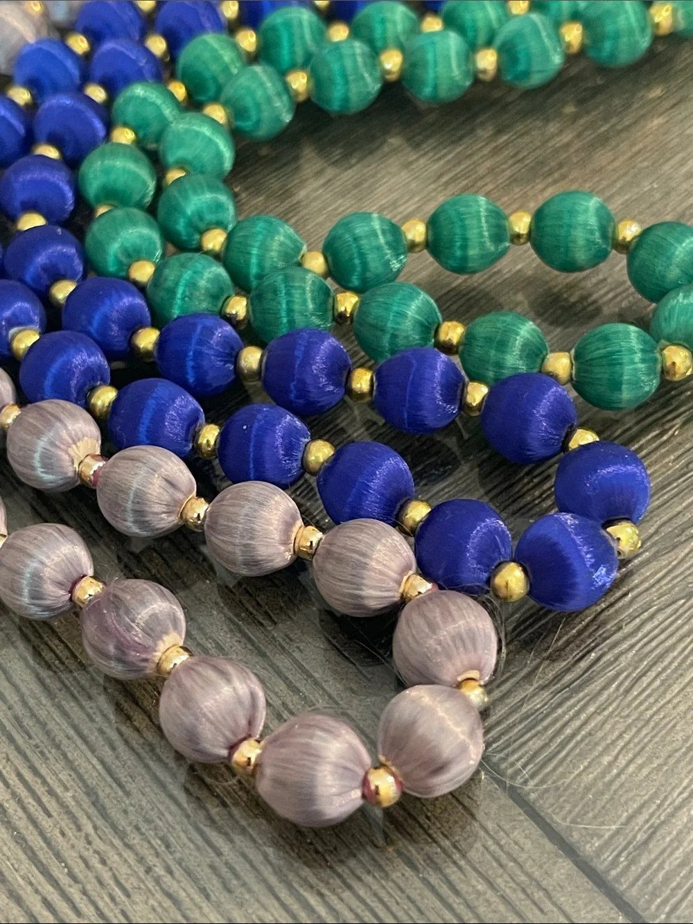 Vintage 3 Necklaces with Spun Silk Satin Beads Gold Tone Spacers 30 In. Approx